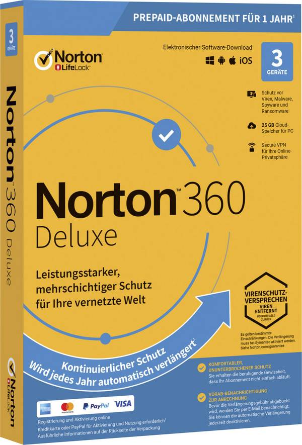 Norton Norton™ 360 Deluxe 25GB GE 1 USER 3 DEVICE 12MO 1-year, 3 licences Windows, Mac OS, Android Antivirus