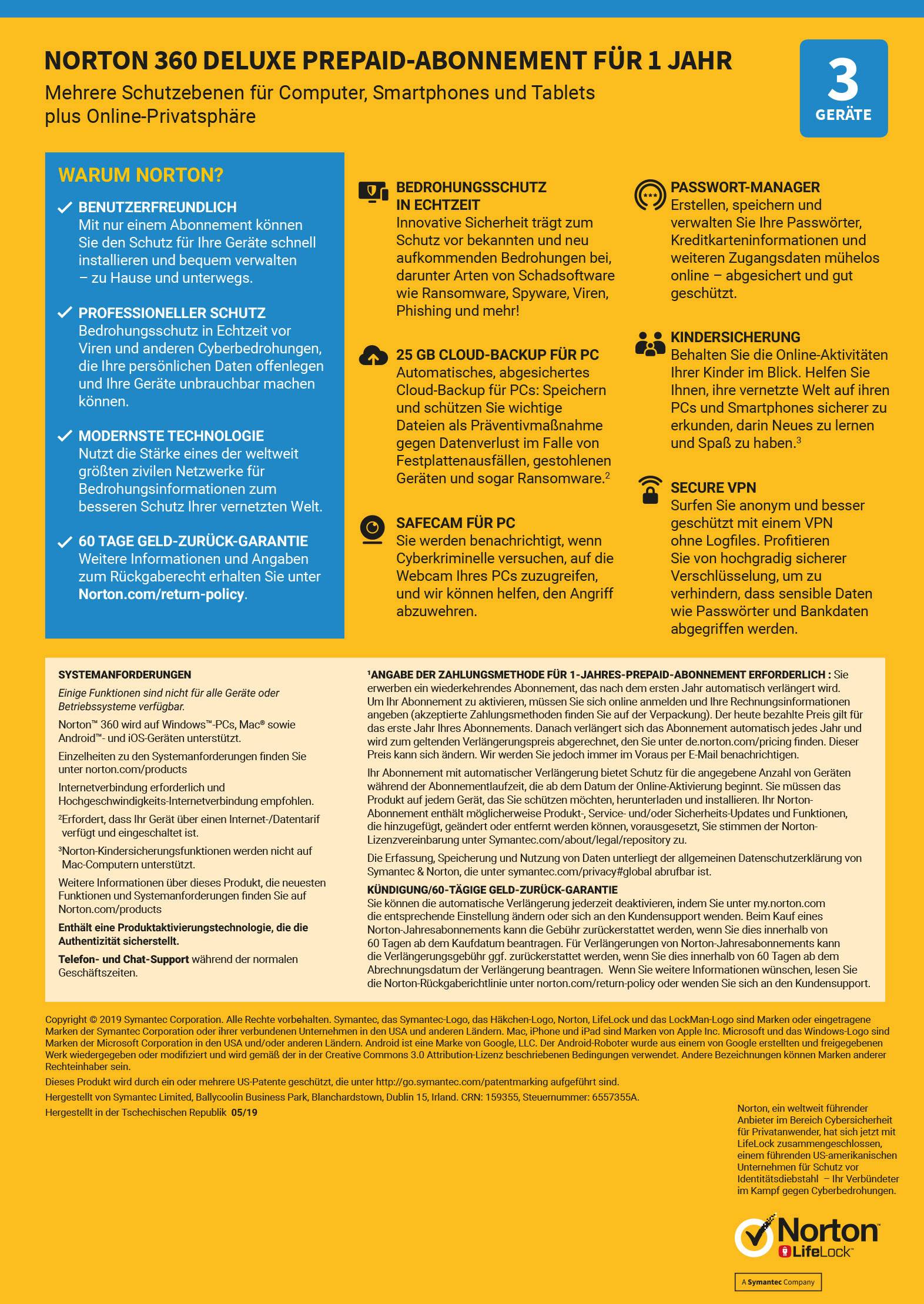 'Norton 360 Deluxe Prepaid Subscription for 1 Year' Advertisement. Offers protection for computers, smartphones, tablets. Includes password manager, parental controls, VPN.