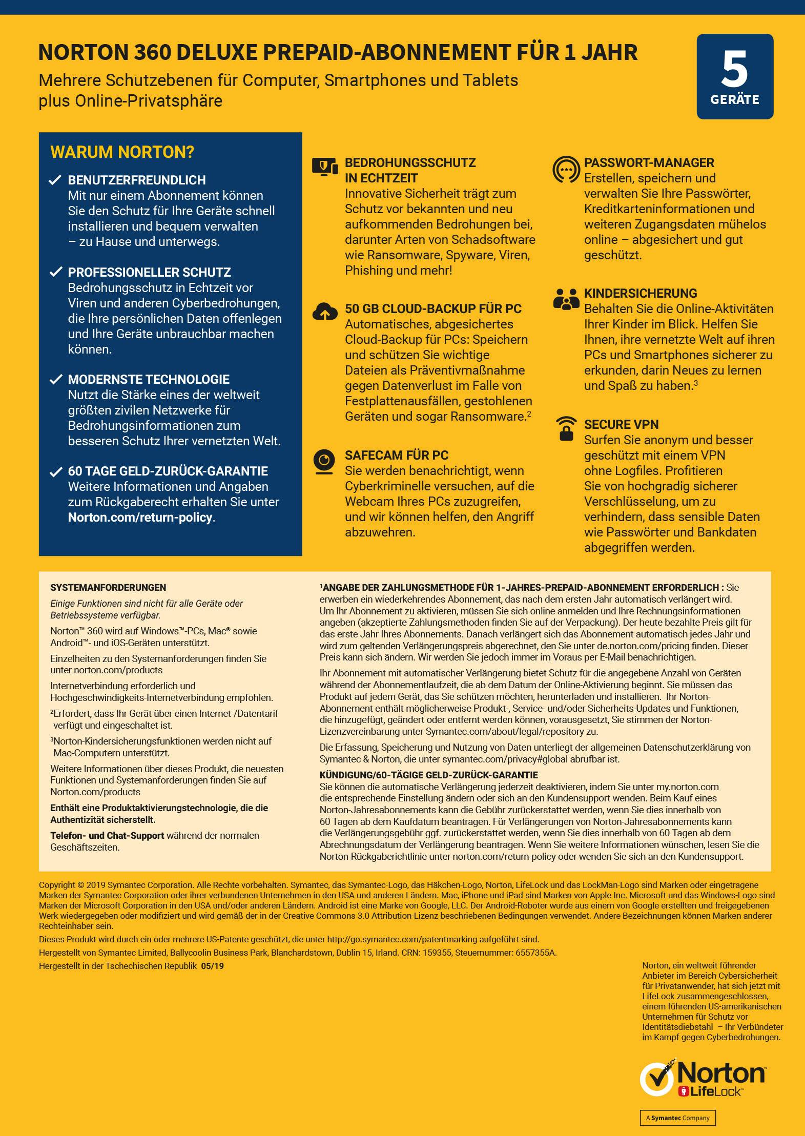 Norton 360 Deluxe Prepaid Subscription for 1 Year. Multiple Protection Levels for Computers, Smartphones and Tablets. Security Features and Benefits Listed.