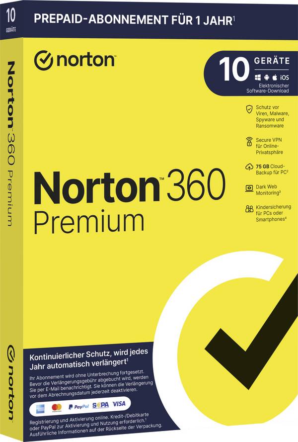 Norton Norton™ 360 Premium 75GB GE 1 USER 10 DEVICE 12MO 1-year, 10 licences Windows, Mac OS, Android Antivirus