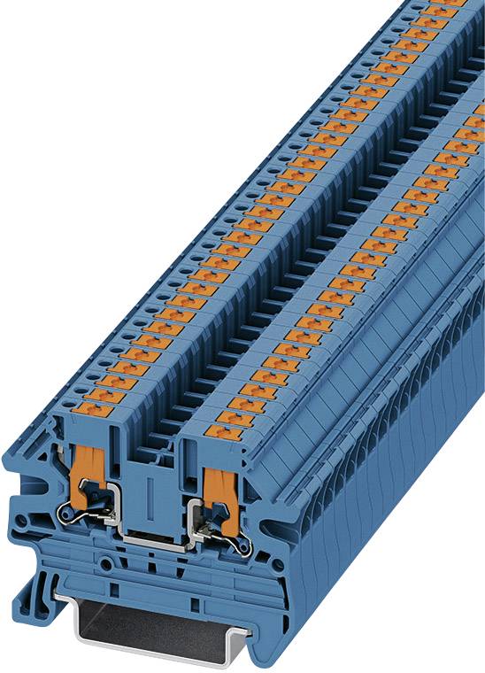 Blue terminal block with orange contacts, vertically stacked. Used for electrical connections in control panels.