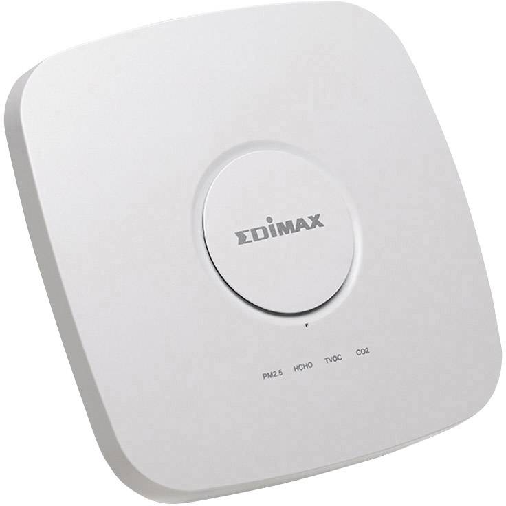 A white device with 'EDIMAX' labelling and sensor displays for PM2.5, HCHO, TVOC and CO2, for monitoring air quality.