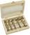 Forstner drill bit set in an open wooden box, comprising five metal drill bits arranged in matching slots.