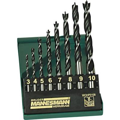 Drill bit set with seven black and silver spiral drill bits in ascending sizes from 3 to 10 mm in a green holder.