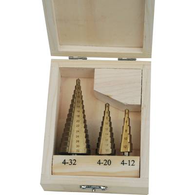 Three stepped drill bits in an open wooden box. Each drill bit has different stepped dimensions: 4-32 mm, 4-20 mm, and 4-12 mm.