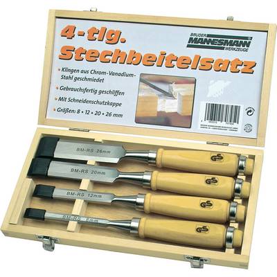 Wooden box with a 4-piece chisel set. Chisels made of chrome vanadium steel, sizes: 8, 12, 20, 26 mm. Wooden handles with protective caps.