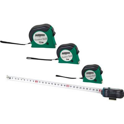 Three green tape measures of different lengths (7.5 m, 5 m, 3 m), unrolled. Showing their flexibility and scaling.