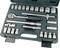 A socket wrench set in a green case. Contains ratchet spanners, sockets and extensions in various sizes.