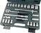 Ratchet spanner set in a green plastic case. Contains various sockets and extensions, arranged in foam.