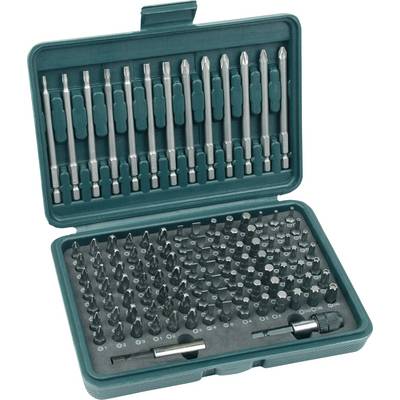 A bit set with various screwdriver bits in a green plastic case.