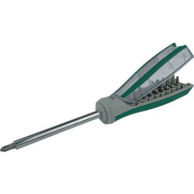 Screwdriver with a green handle and a transparent compartment in the handle that contains various interchangeable bits.