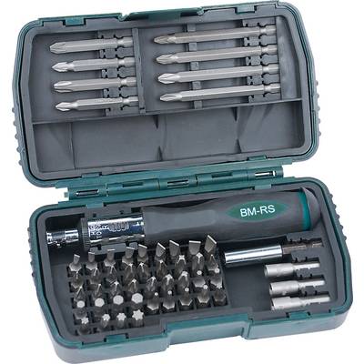 Storage case with screwdriver set: Various bits and attachments organised in a green plastic housing.
