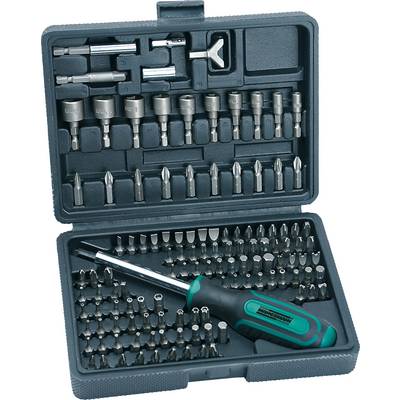 An open toolbox with numerous screwdriver bits and a screwdriver handle arranged in a neat layout.