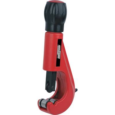 Red pipe cutting tool with black handle, used for cutting pipes in plumbing or installation processes.