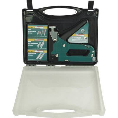 A green staple gun in an open plastic case, accompanied by three boxes of staples in various sizes.