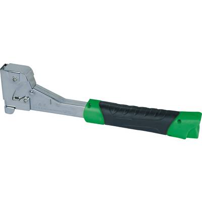 A silver staple gun with a black and green handle. Suitable for quickly fastening materials such as fabric or carpet.