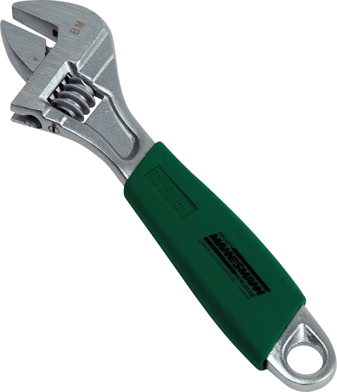 Adjustable spanner with green handle, calibrated to 8 mm, with an inscription on the handle.