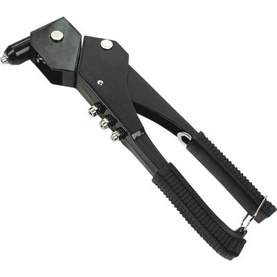 A black rivet pliers with ergonomic handles and multiple attachments for connecting materials through riveting processes.