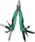 A green multi-tool with pliers and several unfolded tools such as a knife, file, and screwdriver.