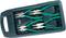 A set of three green, curved pliers in a plastic case with a carrying handle, designed for mechanical use.