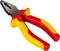 A pair of pliers with red and yellow handles. Suitable for work in environments with electrical lines. Brand name on the pliers.