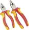 Two pliers with red and yellow handles are lying side by side, with the left one slightly behind the right, on a white background.