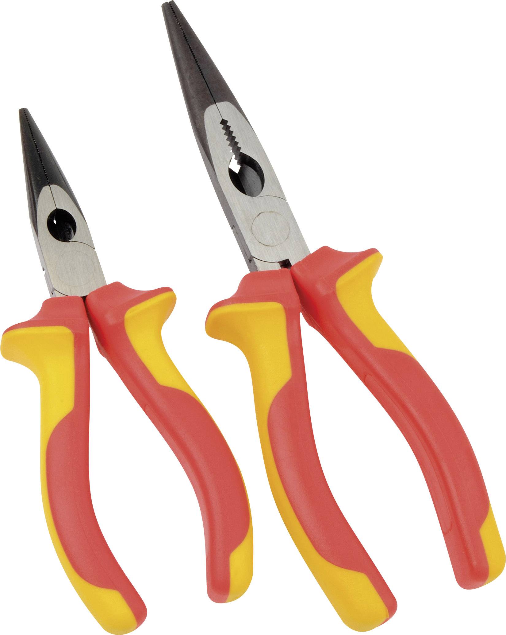 Two red and yellow pliers with insulated handles. One has long, narrow jaws, the other shorter, more robust jaws.