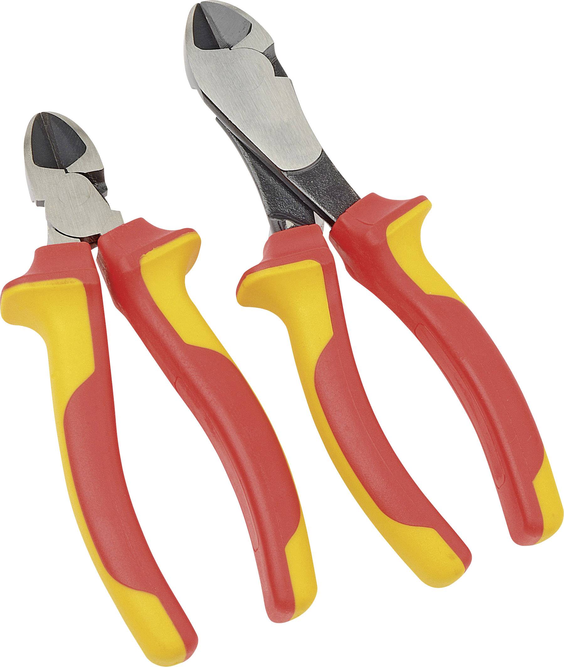 Two red and yellow side cutters with insulated handles lie side by side on a light background.