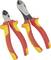 Two red and yellow side cutters with insulated handles lie side by side on a light background.