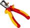 The image shows a red and yellow wire stripping pliers with a black cutting head and metal screw, suitable for electrical work.