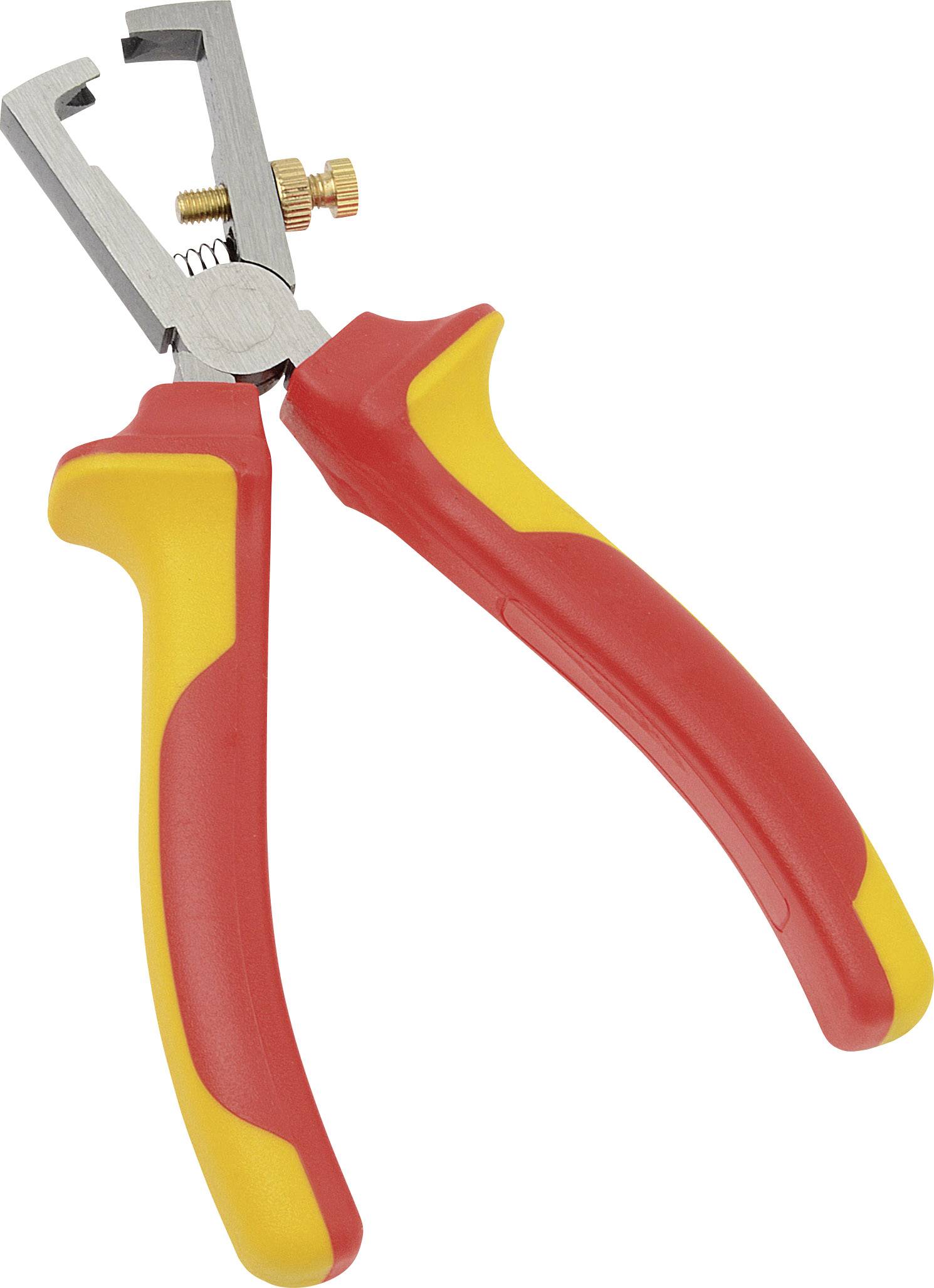 A red and yellow wire stripping pliers used for removing plastic insulation from electrical wires.