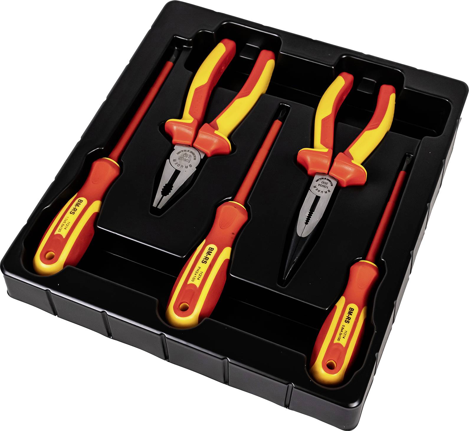 'Tool set with three screwdrivers and a pair of pliers, all with red and yellow insulated handles in a black tray.'