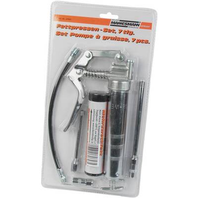 'Grease Gun Kit, 7-piece' in plastic packaging: Hand-operated press, grease cartridge and accessories, suitable for lubrication tasks, brand Brüder Mannesmann.