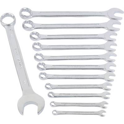 'Thirteen silver spanners in various sizes, neatly arranged side by side, on a white surface.'