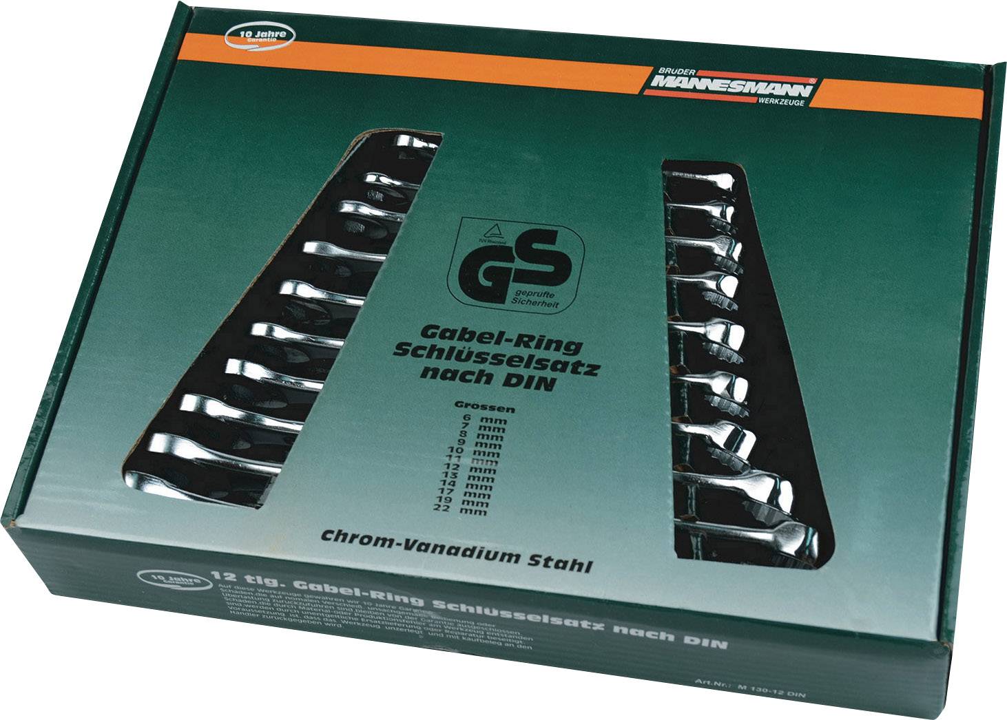 'DIN Combination Spanner Set' in a green box with visible tools in various sizes ranging from 6 to 22 mm.
