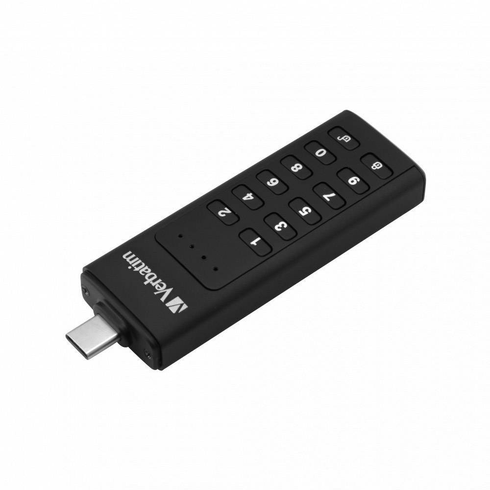 Black USB flash drive with numeric keypad on the top surface, suitable for data storage and backup.