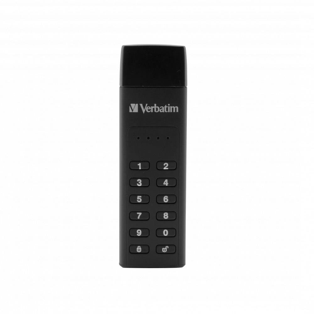 Black USB drive with encryption function, keyboard for entering PIN code, brand 'Verbatim'.