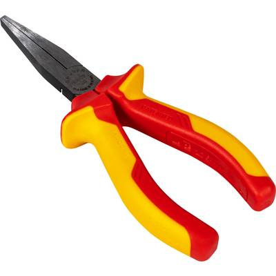 A red and yellow combination pliers with insulated handles. Suitable for electrical tools and safe work on electrical installations.