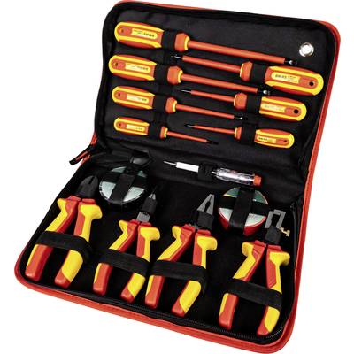 'Tool set with screwdrivers and pliers in an open black bag with red and yellow handles.'
