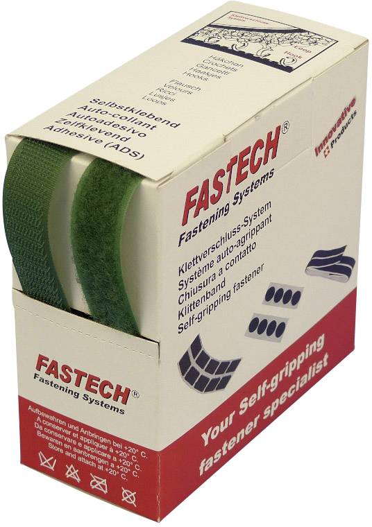 A packet of hook and loop fastening systems by the brand 'Fastech'. The box displays a green and a black strip.