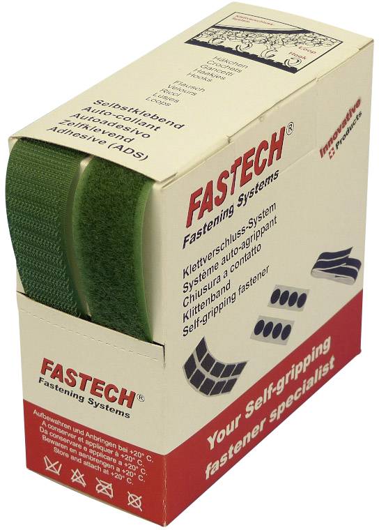 'Packaging for Fastech Hook and Loop Fastening System, self-adhesive, green. Suitable for various mounting purposes.'
