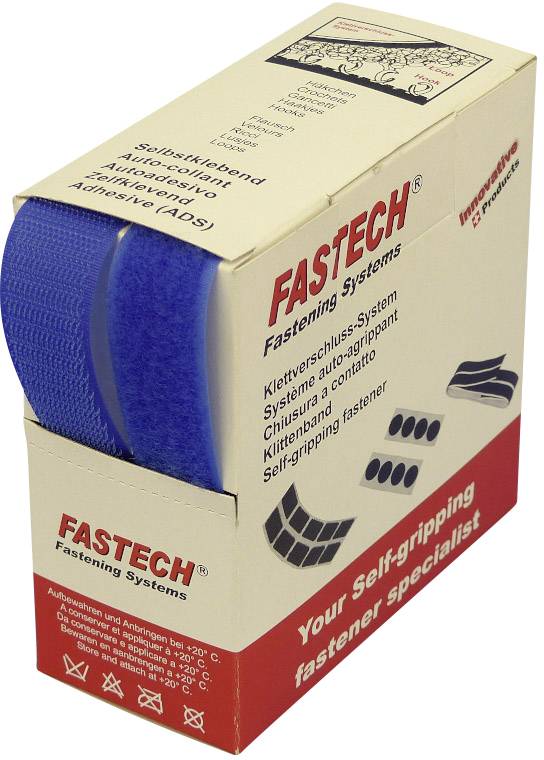 Hook and loop fastener system in blue, packaged in a cardboard box by Fastech with product information in multiple languages.