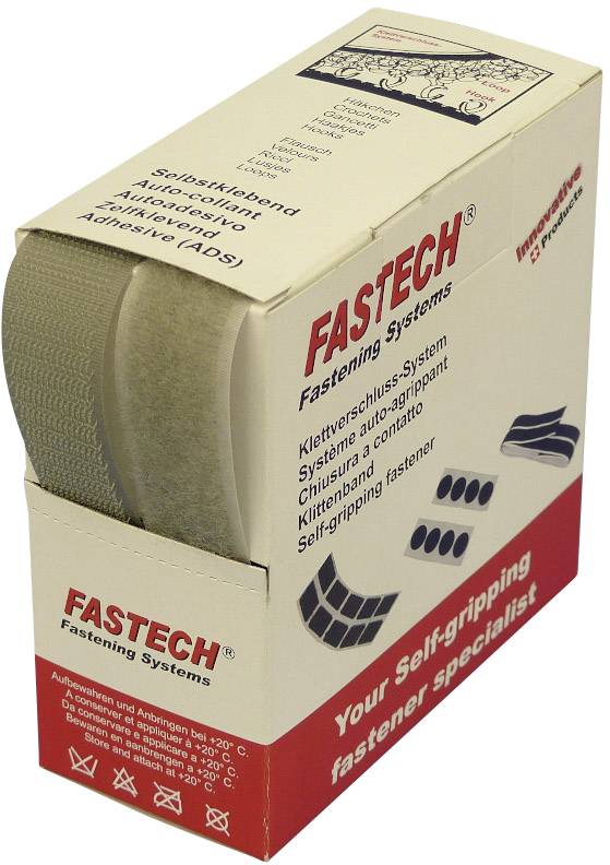 Packaging of Fastech Fastening Systems shows hook and loop fastener in various sizes. Text in multiple languages highlights the key features.