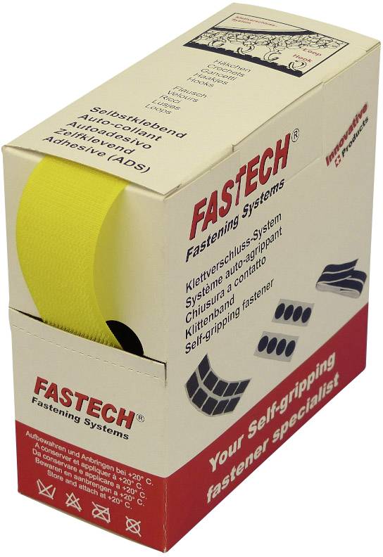Packaging for a self-adhesive hook and loop fastener, brand 'FASTECH', in yellow. Includes details on size, material, and temperature range.