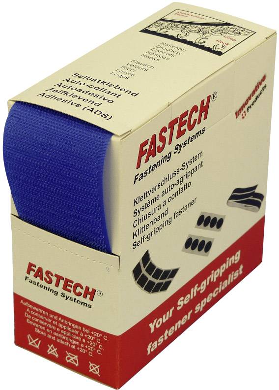 A box containing a blue hook and loop fastener band from 'FASTECH'. The text describes the product as self-adhesive and heat-resistant.