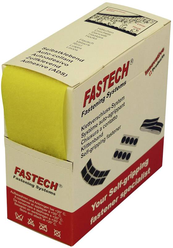Yellow hook and loop roll in white and red packaging by FASTECH, described as self-adhesive.