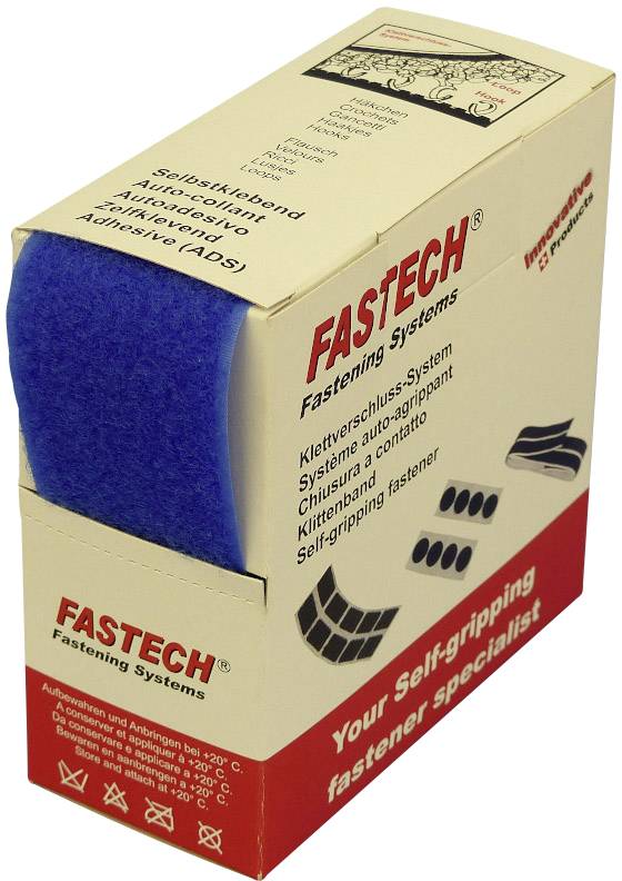 The packaging displays a carton with a self-adhesive hook and loop fastening tape by Fastech, blue, suitable for various applications.