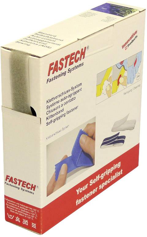 'Packaging of a self-adhesive closure system by FASTECH with illustrative examples of application. Text: Your specialist for self-adhesive closures.'
