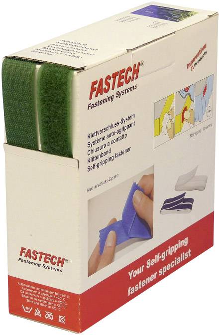 Packaging for a hook and loop fastening system with application images. Brand name 'FASTECH' and description in multiple languages.