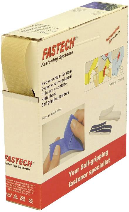Self-adhesive hook and loop tape by Fastech in packaging. The front side displays application examples for fastening systems.